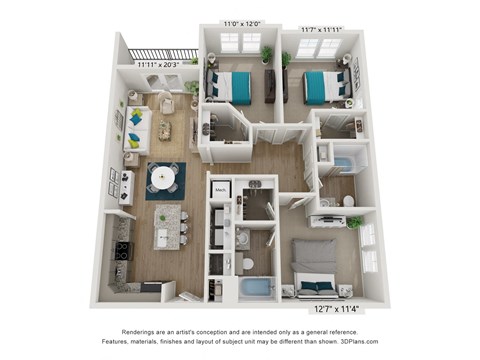 a 3d floor plan of a 1 bedroom apartment